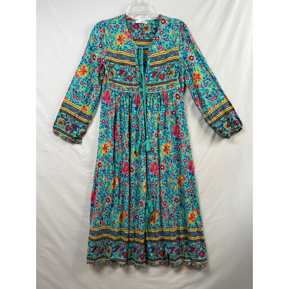 R. Vivimos Floral Midi Dress Women Small Teal Boho Tassel Long Sleeve Split Neck